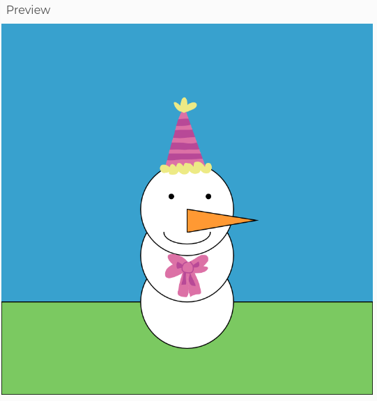 A snowman with a pink party hat and bowtie sitting on a blue sky with a grassy field