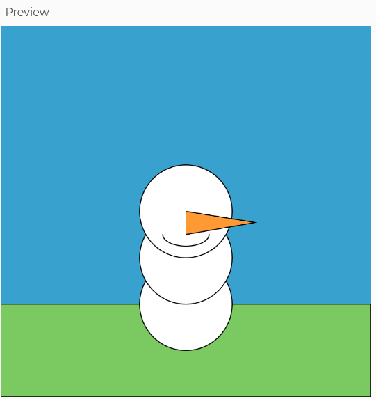A white snowman with a nose and mouth sitting on a blue sky with a grassy field