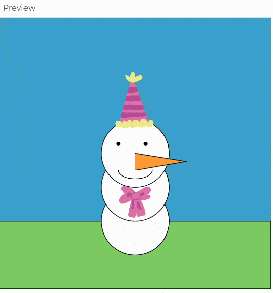 A snowman with a pink party hat and bowtie sitting on a blue sky with a grassy field, smiling but frowning when the sky turns dark