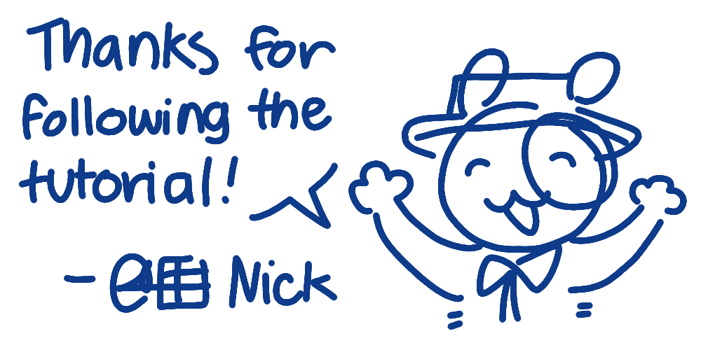 White rabbit with a bowtie and bucket hat grins in front of the camera, saying 'Thanks for following the tutorial!'. Bottom text contains a signature.