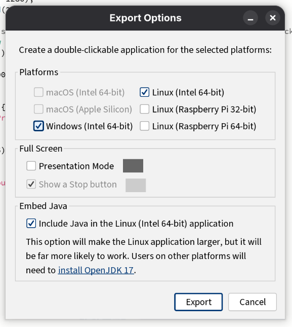 Processing export application popup