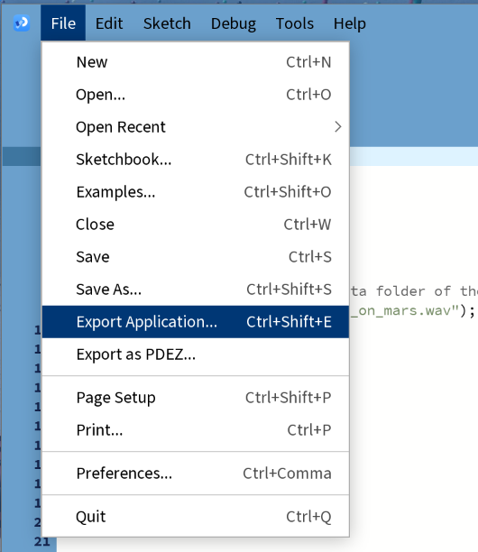 Processing top menu, with the mouse hovered on File > Export Application