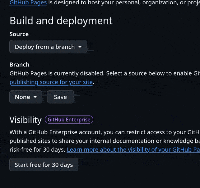 Selecting a branch to publish in Github pages