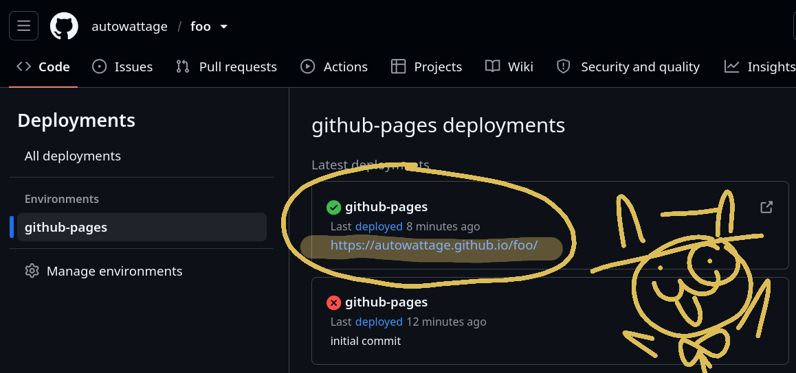 Github deployment screen, with the most recent deploy highlighted and circled
