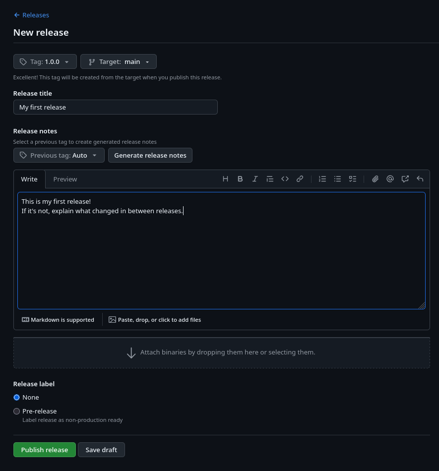 Github release creation screen