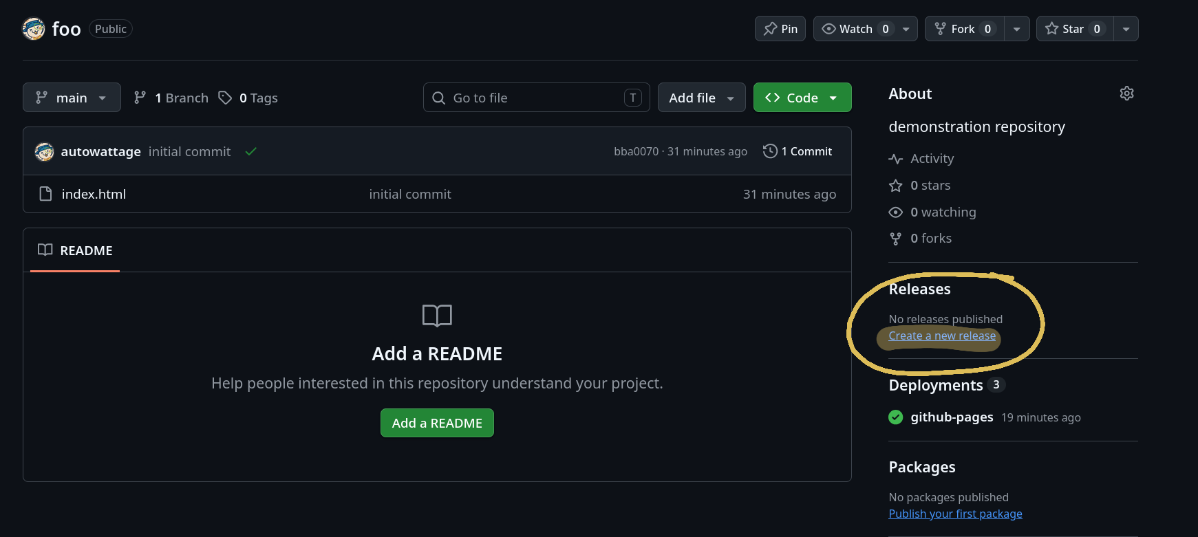 Github repository screen, with the Releases section highlighted and circled