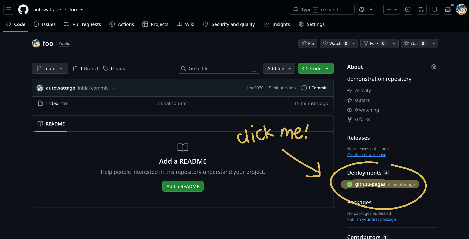 Github repository screen, with the Deployments section highlighted and circled